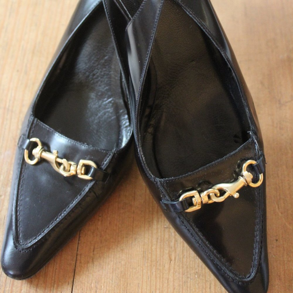 Coach Jacquel Sling Back Pumps, 3" Heel, Size 8.5, Black with Brass Accents